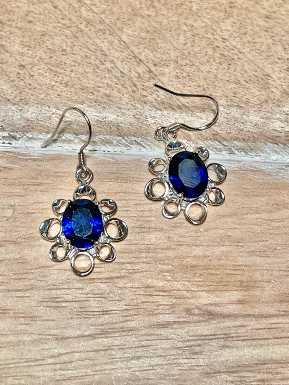 Silver-Tone Blue Crystal Flower Drop Earrings - Women Jewelry